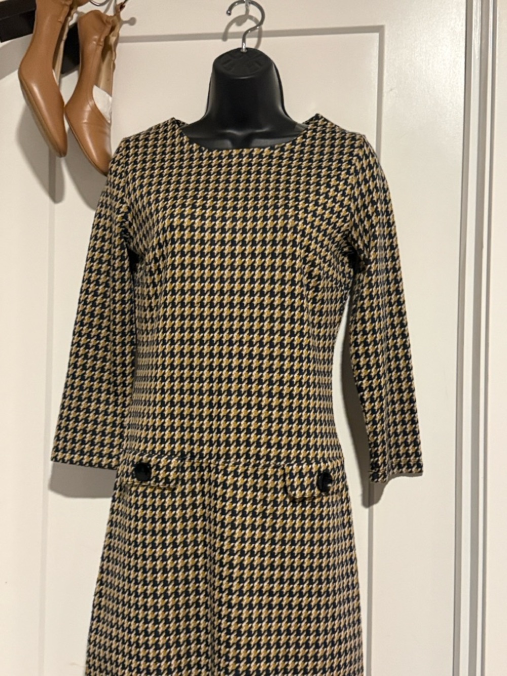 Everlane Houndstooth Mini Dress in Black and Tan
